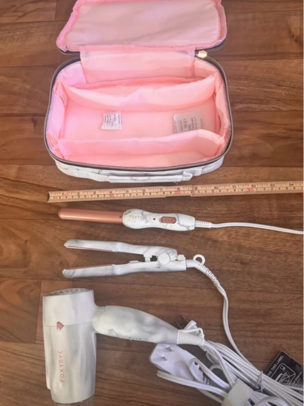 FoxyBae Mini Travel Hair Tool Set Dryer Flat Iron Curler Marble Rose Gold
